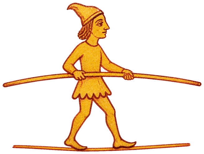 A hand-drawn tightrope walker balancing with a long pole.