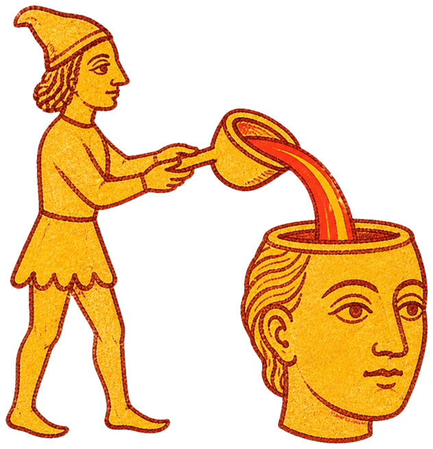 A hand-drawn medieval alchemist pouring glowing metal from a crucible into the open top of a human head.