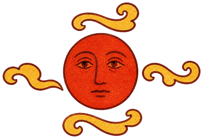 A hand-drawn red moon with a human face surrounded by curling wisps of fog.