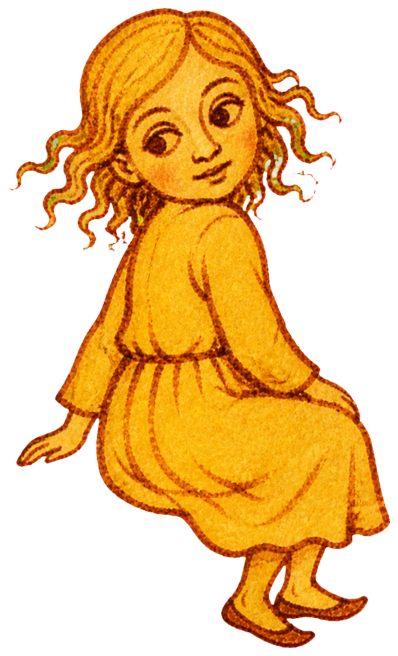 A hand-drawn young girl turning to look behind her with wide-open eyes.