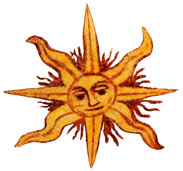 A hand-drawn golden sun with a human face and alternating straight and curling rays.