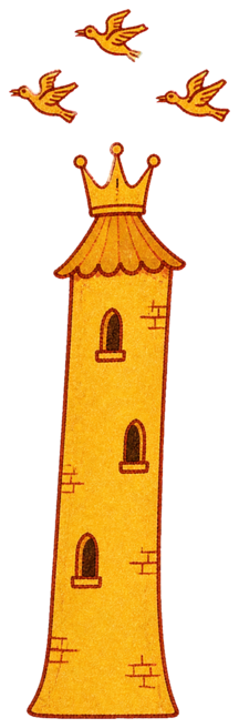 A hand-drawn crooked tower wearing a crown with three birds flying above it.